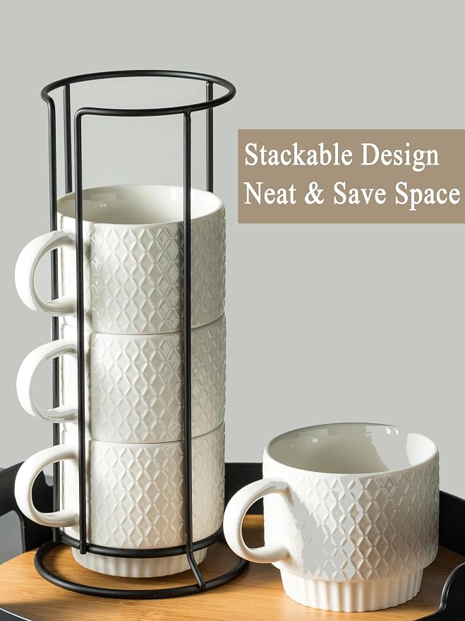Gomakren Stackable Coffee Mugs Set with Stand, Coffe Cup with Tea Spoon 13 Ounce White Cups for Cappuccino Coffee Drinks Tea, Set of 4, Gift for Father Man Women 380ml
