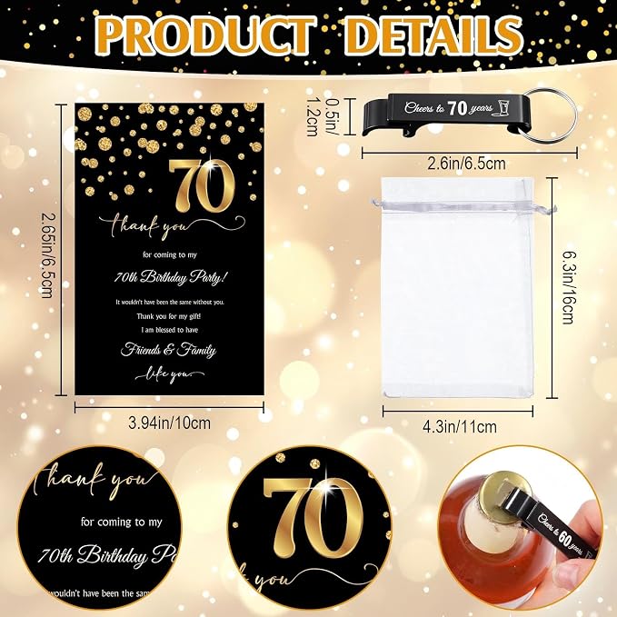 LemonRoad 100 Set 70th Birthday Party Favor for Guest Bulk, 1.4oz Plastic Shot Glasses Cup, Cheers to 40/50/60/70/80 Years Beer Bottle Opener Keychain Thank You Card Gift Bag for Souvenir Party Gift