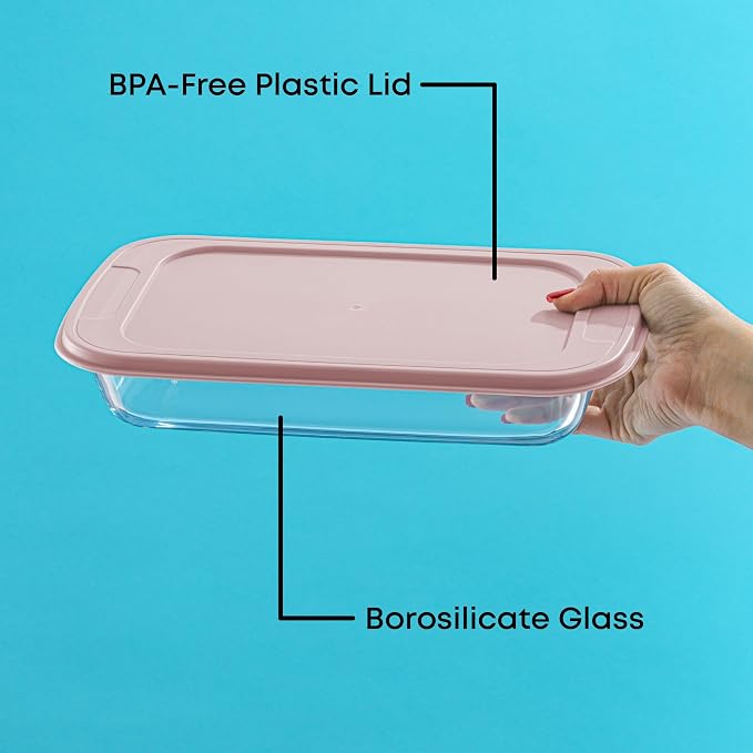 JoyJolt 8-Piece Borosilicate Glass Oven Dishes with Blushy Pink Lids, Rectangle Deep Glass Baking Dish Set, Baking Pans for Lasagna Casserole Cake, Bakeware Set, Freezer to Oven Tray to Dishwasher
