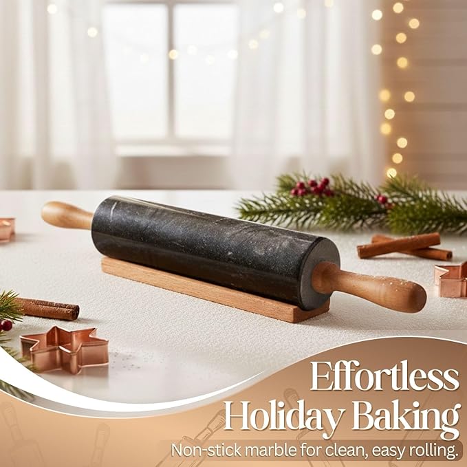 Flexzion Marble Rolling Pin Heavy Nonstick Stone Dough Roller - 10 Inch Polished Barrel with Wooden Handles & Cradle Stand for Baking Pastry Bread Pizza Cookies Pie Crust Pasta Tortillas (Black)