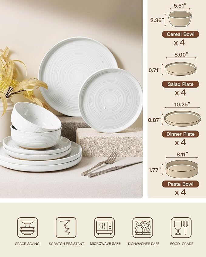 16-Piece Stoneware Dinnerware Sets for 4 with Pasta Bowls – Speckled Glaze with Spiral Design, Coupe Plates and Bowls - Chip & Scratch Resistant, Microwave & Dishwasher Safe, White