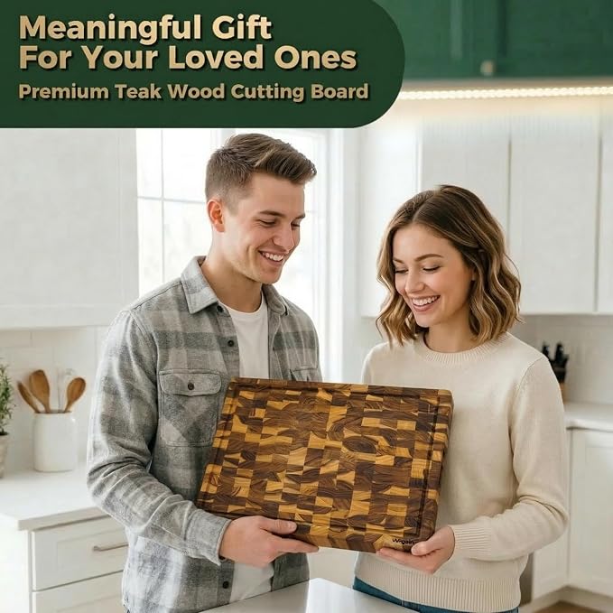 Teak Cutting Board for Kitchen – End Grain 17 x 13 x 1.5 Inch Medium Butcher Block with Juice Groove & Side Handles for Meat & Meal Prep