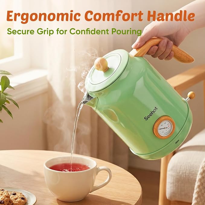 Seehot® Electric Kettle With Thermometer, 1.7L Electric Tea Kettle, 1200W Hot Water Kettle Electric, Auto Shutoff, Boil-Dry Protection, 304 Stainless Steel, Cordless Base,Green