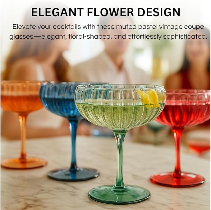 Khen Flower Modern Wavy Glass Coupes Martini, Champagne & Cocktail Coupes - Set of 4-7.7 oz Colorful Cocktail Glasses for Champagne, Prosecco, Mimosa - Copyright Design - Muted Pastel Colors