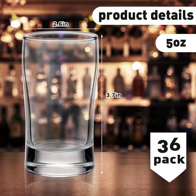 Bokon 36 Pcs Beer Glasses, Small Juice Cups Iced Tea Glasses Heavy Base Glassware Clear Glass Bulk Tumblers for Drinking Water Beer Milk Orange Juice Kids Breakfast (5 oz)