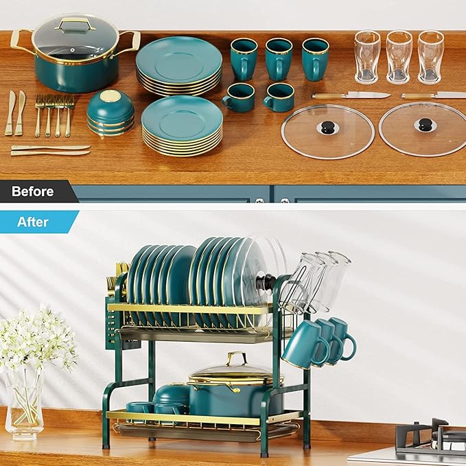 Dish Drying Rack,2 Tier Stainless Steel Dish Rack Drainboard Set,Utensil Holder, Cutting Board Holder,Dish Drainer for Kitchen Counter,Space-Saving (Green Gold)