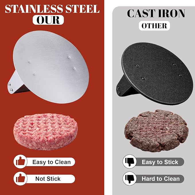 6 Pcs Smash Burger Press Kit 6.3" Round & 8" x 4.3" Rectangle Stainless Steel Meat Press Patty Maker Spatula Seasoning Shaker Patty Paper for Cookout, BBQ, Griddle, Grill(Reddish Brown)