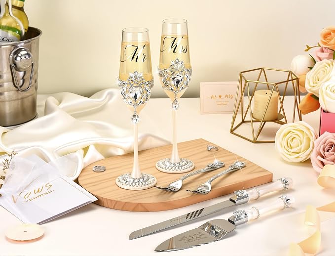 Wedding Cake Knife and Server Set, Luxury Handcrafted Crystal Champagne Flutes with Silver Petal Rhinestones and Pendant, Cake Cutting Set for Wedding, Engagement Gifts for Couples, Gift-ready Box