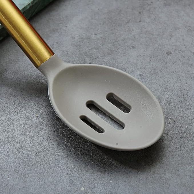 Berglander Non-stick Silicone Slotted Spoon, Titanium Gold Plated Handle, Basting Spoon, Dishwasher Safe, Easy to Clean