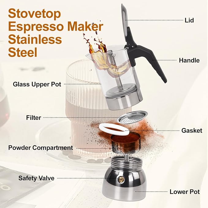 No Coating 4 Cup Glass Clear Moka Pot Thickened 304 Stainless Steel Stovetop Espresso Maker Italian Coffee Machine 200ml 6.8oz Classic Mocha Cafe Greca Coffee Suitable for Gas Induction