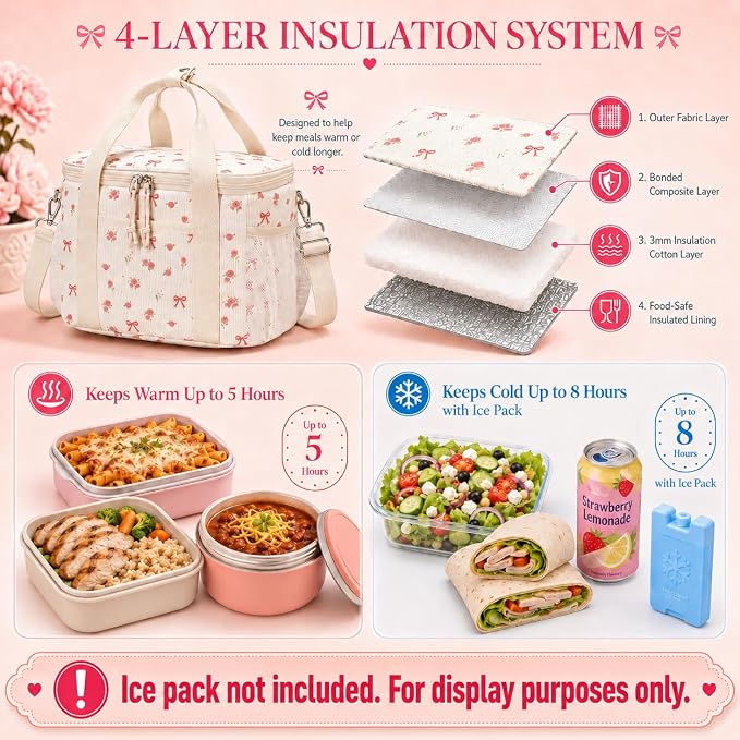 BTOOP Insulated Lunch Box for Women, Cute Leakproof Lunch Tote, Large Capacity Aesthetic Lunch Bag Girls with Shoulder Strap for Work, School, Picnic Pink Bow Floral