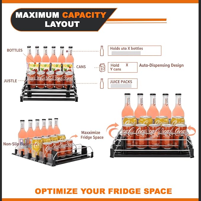 Drink Organizer For Fridge Large Capacity 5 Row Soda Can Organizer, Automatic Pusher Glide with Removable Dividers For Drink Organizer, Can Holders For Fridge, Space-Saving Can Dispenser For Kitchen