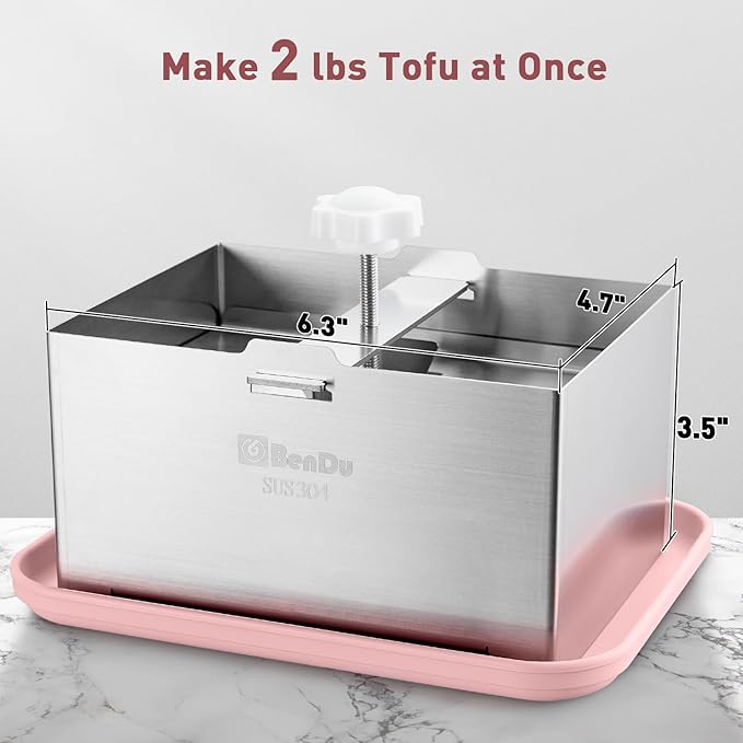 Tofu Press Stainless Steel, Paneer Maker with Tofu Press Cloth and Drip Tray, Improves Tofu Flavor and Texture, for Homemade Tofu, Paneer Press and Cheese Press, Multi-Functional Kitchen Tool（Pink）