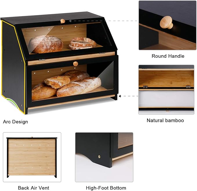 HOMEKOKO Double Layer Large Bread Box, Wooden Bread Storage Bin, Black | Large Capacity, For Kitchen Counter, See Through, Easy Assembly