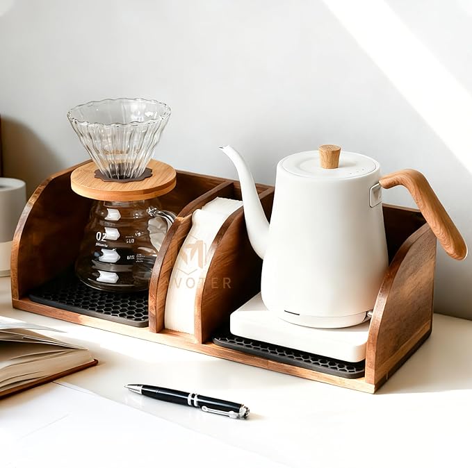MAVOTER Acacia Coffee Bar Station Organizer Stand for Pour Over Maker, Coffee Filter Holder for Countertop ,Wooden Caddy Storage Organizers with Heatproof Mat(17.8*7*5.1 inch)