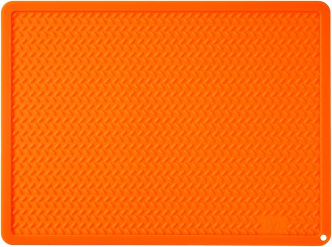Silicone Drying Mat & Heat Resistant Mat for Kitchen Counter, Non-Slip Dishwasher Safe, Raised Edge for Dishes Bottles Sink (15.35x11.61in, Orange)
