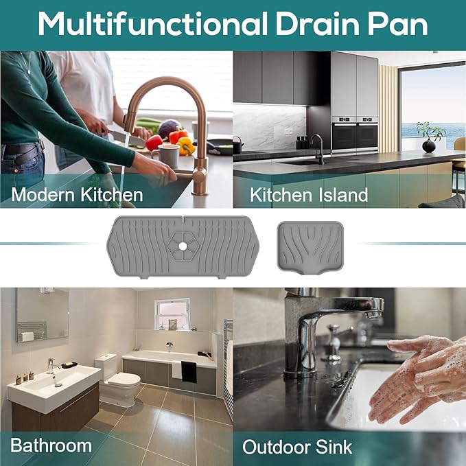 4 PCS Kitchen Sink Splash Guard and Soap Tray, Silicone Faucet Guard Mat Faucet Splash Catcher Sponge Holder with Drain Spout, Keep Kitchen Bathroom Sinks Countertop Soap Dry (grey)