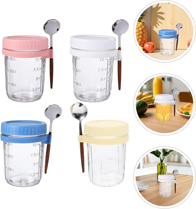 Garneck 4pcs Glass Overnight Oats Containers with Airtight Lids and Integrated Spoon Holder Reusable Yogurt Jars for Milk Cereal Fruit Storage Transparent Meal Prep Jars