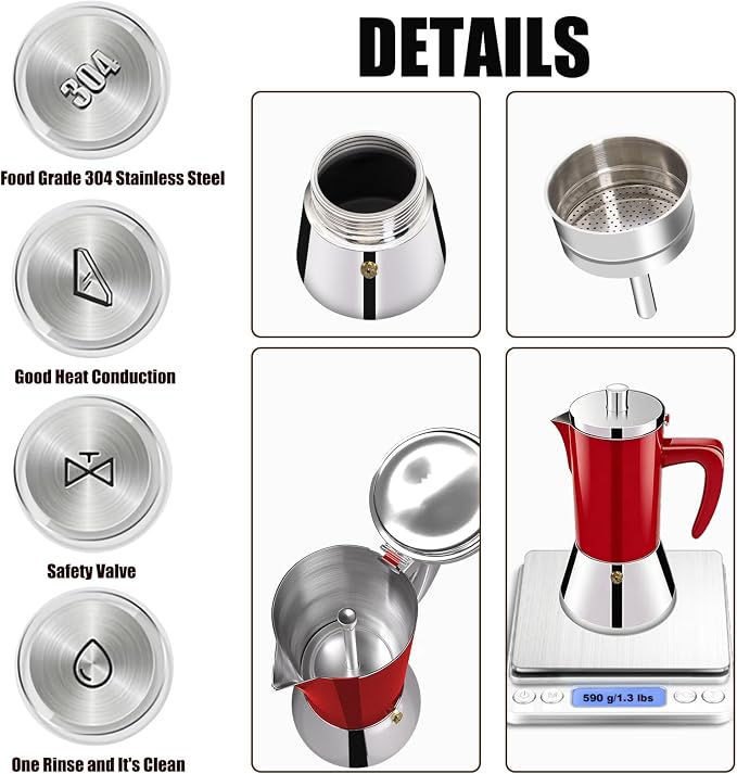 4 Cup Thickened 304 Stainless Steel Moka Pot Stovetop Espresso Maker Cafeteras Italian Percolator Espress Makers Capable Greca Mocha Coffee Machine for Induction Home and Camping 200ml 6.6oz