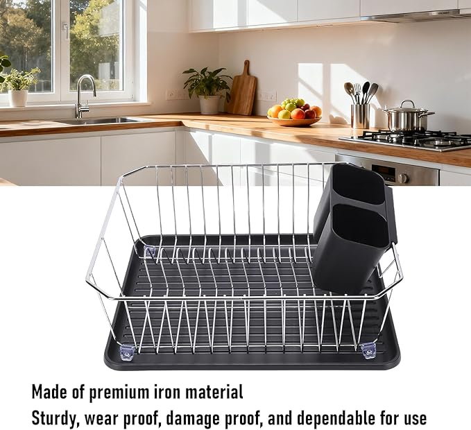 Asixxsix Dish Drying Rack, Anti Rust Coated Dish Drainer with Utensil Holder and Drainboard, Sink Organization and, 14" x 12" x 5" for Home and Apartment Decor (Silver)