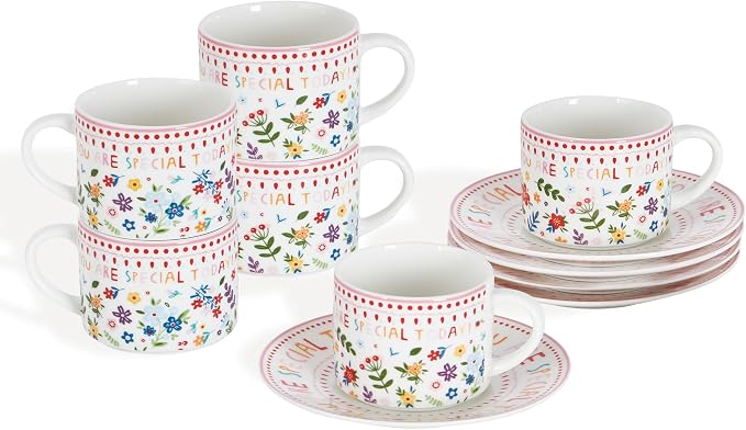 4oz Floral Coffee Cups & Saucers Set of 6, Ceramic Espresso Mugs Demitasse Cups for Latte, Tea, Espresso Shot Cup for Espresso Machine & Coffee Maker, Women Gifts for Christmas, Birthday