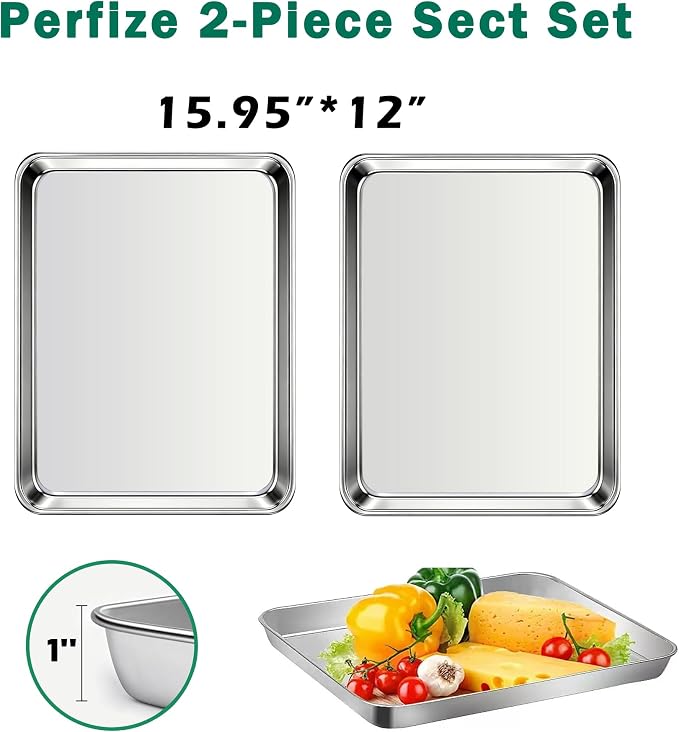 Baking Sheet Set Of 2,Stainless Steel Cookie Sheet For Baking,Sheet Pans For Baking,Baking Sheets Non Stick,Cookie Baking Pans Sheets,Baking Tray,Durable And Easy Clean (Set of 2-16”)