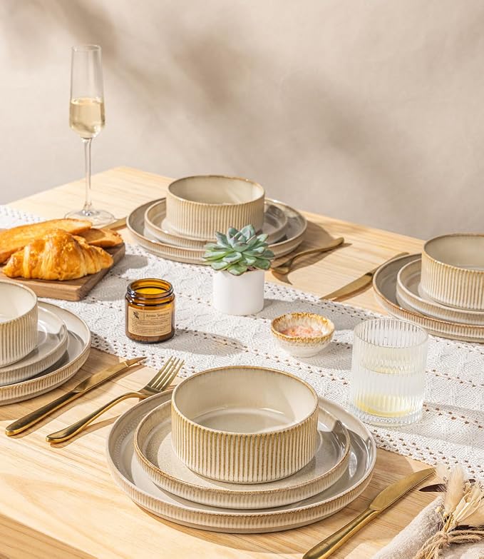 GBHOME Stoneware Dinnerware Sets for 4, 12 Pieces Lightweight Ceramic Ribbed Plates and Bowls Set, Reactive Glaze Stackable Plate Sets, Scratch Resistant Dishes, Microwave & Dishwasher Safe,Cappuccino