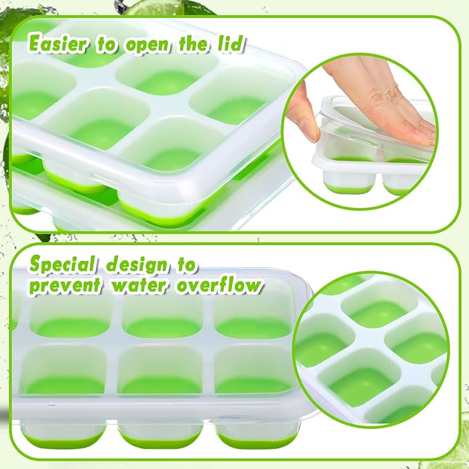 Rtteri 36 Pack Ice Cube Trays Silicone Ice Tray for Freezer Flexible 14 Cube Molds Easy Release Stackable Trays with Lid for Drinks Cocktail Coffee Baby Food (Green)