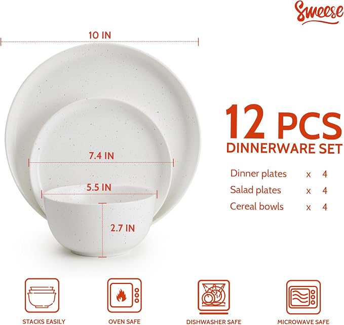 Sweese Dinnerware Sets Service for 4, 12 pcs Matte Speckled Glaze Plates and Bowls Sets, Handmade Ceramic Dish Set, Highly Chip and Crack Resistant Modern Plate Set, White