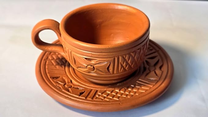 Handmade Tea Cup Set - Limited Edition Gift Set – 2 Terracotta Cups + 2 Saucers – Unique Handmade Gift Box