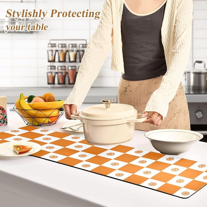 2 in 1 Table Runner Trivet for Hot Pots and Pans Heat Resistant Non Slip Waterproof 39 x 12 Inch Decorative Table Protector for Kitchen Countertop Checkered Orange Sunflowers