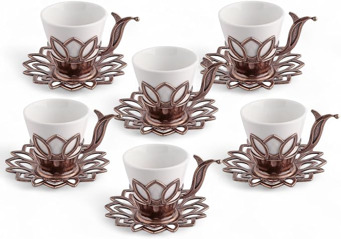 Alisveristime (Set of 6) Turkish Coffee Set with Porcelain Cups, Zamac Holders & Saucers – 80ml Capacity, Ottoman Motif, 4 Color Options (Brown)