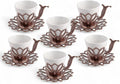 Alisveristime (Set of 6) Turkish Coffee Set with Porcelain Cups, Zamac Holders & Saucers – 80ml Capacity, Ottoman Motif, 4 Color Options (Brown)