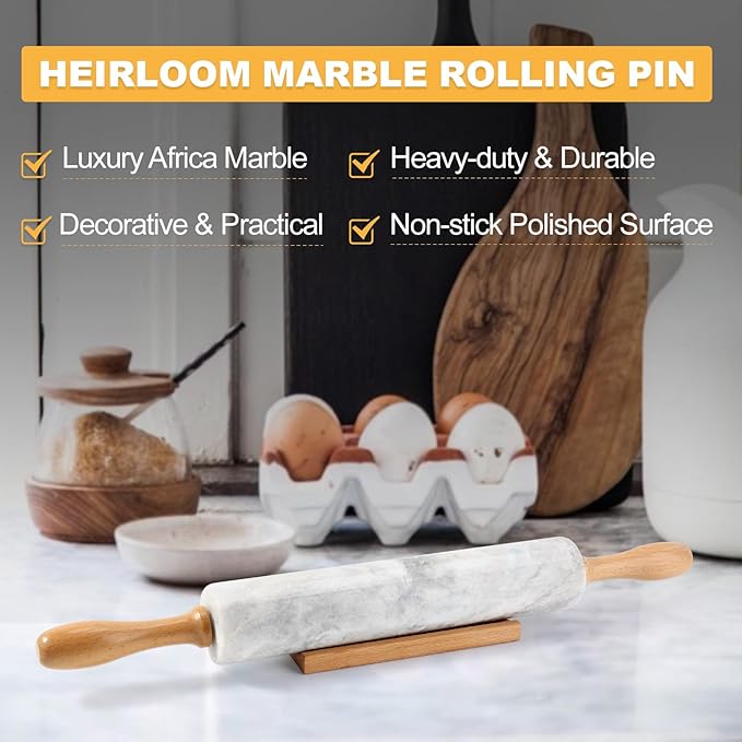 Koville African Natural Marble Rolling Pin, Non-Stick Polished Dough Roller, Pasta, Dumpling, Fondant, Pie Crust, Bread, Pizza Dough, Kitchen Baking Pastry Tools with Mat/Scraper(Grigio Fantasy)