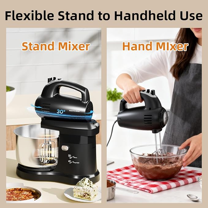 3.2QT 2-in-1 Stand Mixer, Electric Kitchen Mixer with Auto-Rotating Bowl & Tilt-Head, 5-Speed 250W Turbo Baking Machine for Beginners with Beater & Dough Hook for Cookie, Bread, Cake (Black)