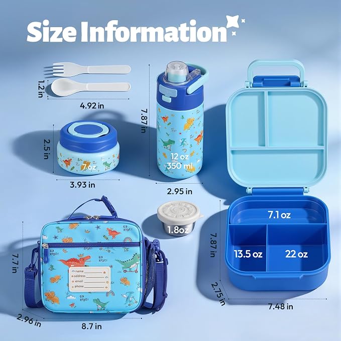 Itslife Bento Lunch Box for Kids Set, insulated food container, 7 oz thermos for hot food, 12 oz thermos water bottle, Reusable Insulated Ice Bag & Fork Spoon Utensils Camping Travel Blue-KL