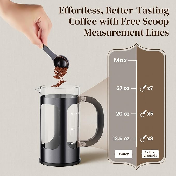 Veken French Press Coffee Maker 34oz, No Plastic Touching Cafe,Thickened Glass Stainless Steel Brewer, Cold Brew Cafetera Tea pot for Kitchen Travel Camping, Gifts, Decor, Bar Accessories, Dark Pewter