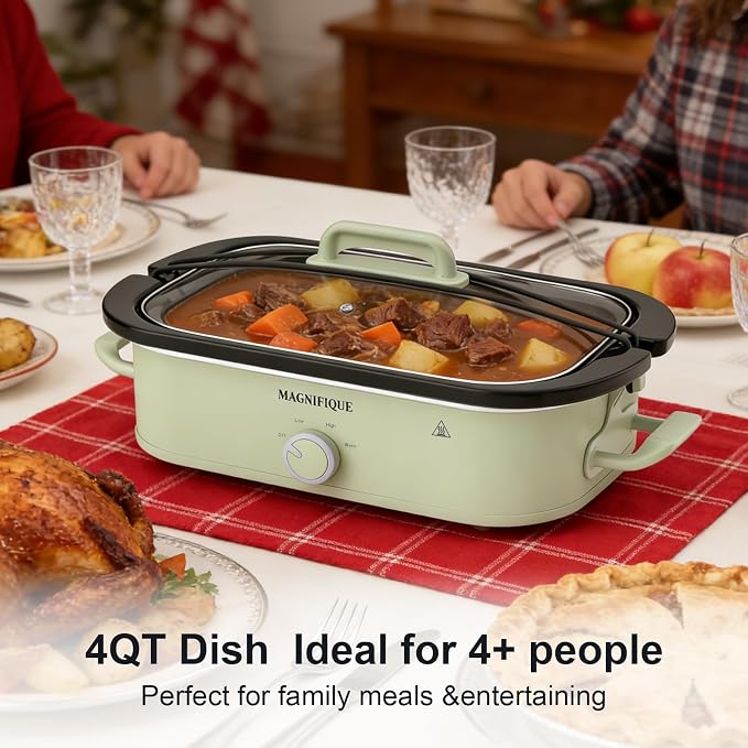 MAGNIFIQUE 4 Quart Slow Cooker with Ceramic Nonstick Baking Dish, Adjustable Temperature, Oven Safe for Lasagna & Roasts, Dishwasher Safe Stoneware & Tempered Glass Lid, Compact Crock Pot, Sage