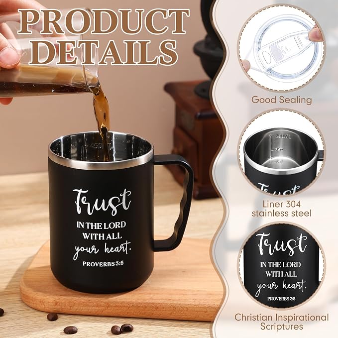 Sieral 12 Pcs Christian Gifts Coffee Mugs with Straw Lid 17 oz Religious Cups with Bible Stainless Steel Tumbler Inspirational Gifts for Women Men Pastor's Church Group(Black,Bible Verse)