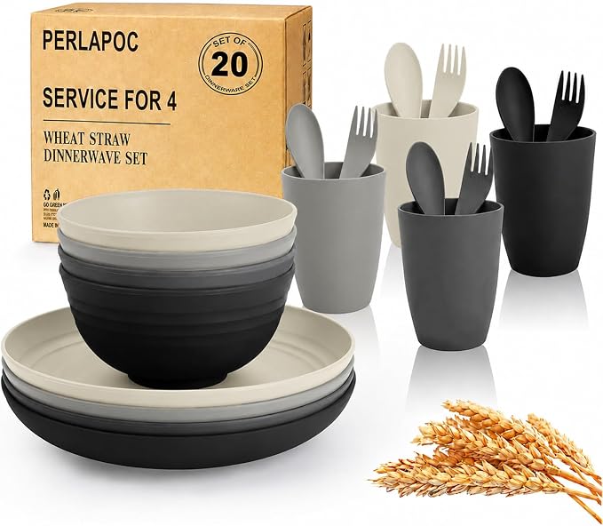 20 PCS Wheat Straw Plates and Bowls Sets,Kids Dishes Dinnerware Sets for 4,Unbreakable Kitchen Plates and Bowls Set for Travel Dishwasher & Microwave Safe Lightweight Dishes Set - BlackGrey