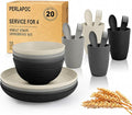 20 PCS Wheat Straw Plates and Bowls Sets,Kids Dishes Dinnerware Sets for 4,Unbreakable Kitchen Plates and Bowls Set for Travel Dishwasher & Microwave Safe Lightweight Dishes Set - BlackGrey