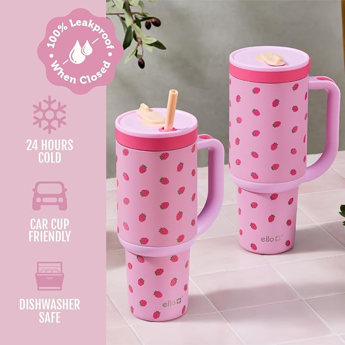 Ello Oasis 40oz Tumbler with Handle & Retracting Straw | Reusable Insulated Stainless Steel Cup 100% Leakproof | Gifts for Teens Women | Keeps Cold for 24 Hours | Cup Holder Friendly | Strawberries