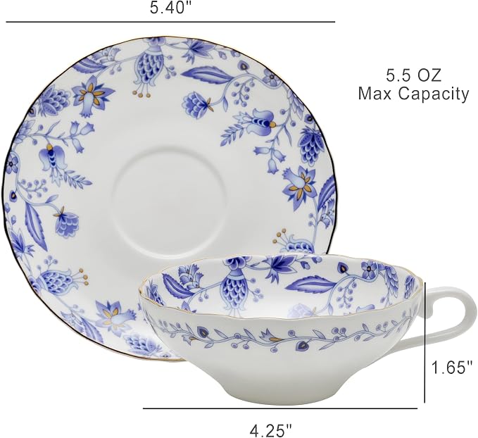 Bone China Mini Espresso Cup,5 oz Porcelain Coffee Mug with Saucer Handle,Demitasse Cup,Modern Decor Art,Suitable for Espresso Machine -Blue and White