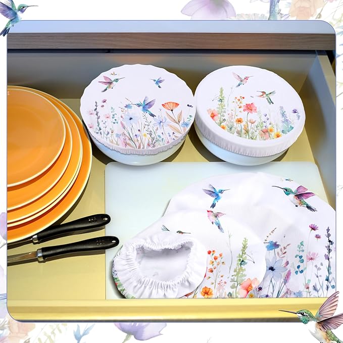 Patelai 10 Pcs Bowl Covers Reusable in 5 Size Stretch Cloth Fabric Elastic Food Storage Bowl Covers Bread Sourdough Lids for Proofing Food Fruits Leftover(Multicolor,Hummingbird Style)