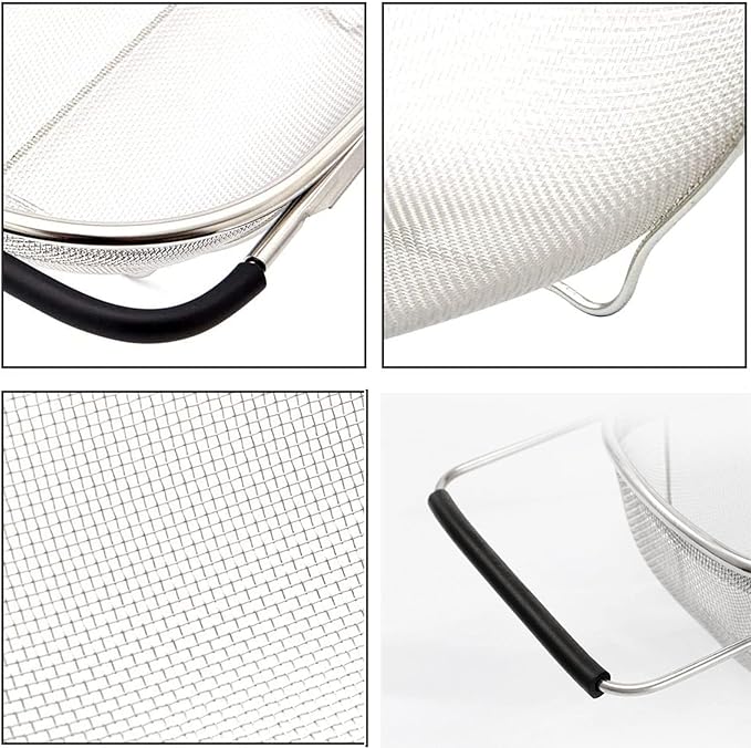 AJIODA Over The Sink Colander, 4 Quarts Stainless Steel Oval Colander with Expandable Rubber Grip Handle, Fine Mesh Strainer Baskets Kitchen Colanders for Strain, Drain, Rinse Vegetable, Fruits, Black