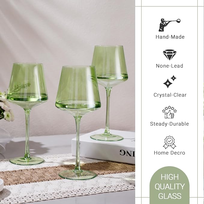 Physkoa Green Wine Glasses Set 6-16oz Modern Green Colored Wine Glasses with Tall Long Stem and Flat Bottom,VerdantGlassware for Birthday Wedding Bridal Shower