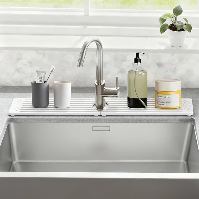 Faucet Mat for Kitchen Sink, Diatomite Drying Stone Mat Sink Protector, Faucet Splash Guard for Bathroom Counter for Bathroom, Laundry, Bar, White, 23.6" x 4"