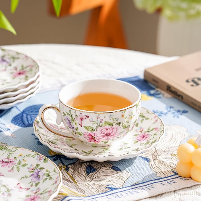 Agyiuns Tea Cup and Saucers, 6.4oz Floral Tea Cups with Gold Trim, Coffee Cappuccino Espresso Latte Mugs for Party Birthday,Christmas Gift (Pink and purple flowers)