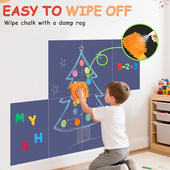 Magnetic Chalkboard Wall Decal Set of 6 Peel and Stick Magnet Sheets with Chalk Tangram Puzzle and Multiple Accessories Dusty Blue Magnetic Chalk Boardfor Home Playroom and Classroom