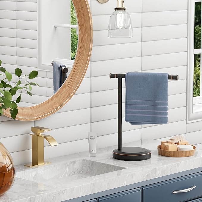 Hoimpro 13" Oil Rubbed Bronze Stand Hand Towel Holder Bathroom Kitchen Countertop Towel Rack Towel Bar Ring Free Standing Counter T Bath Accessories Freestanding Vanity Sink Hardware Stainless Steel
